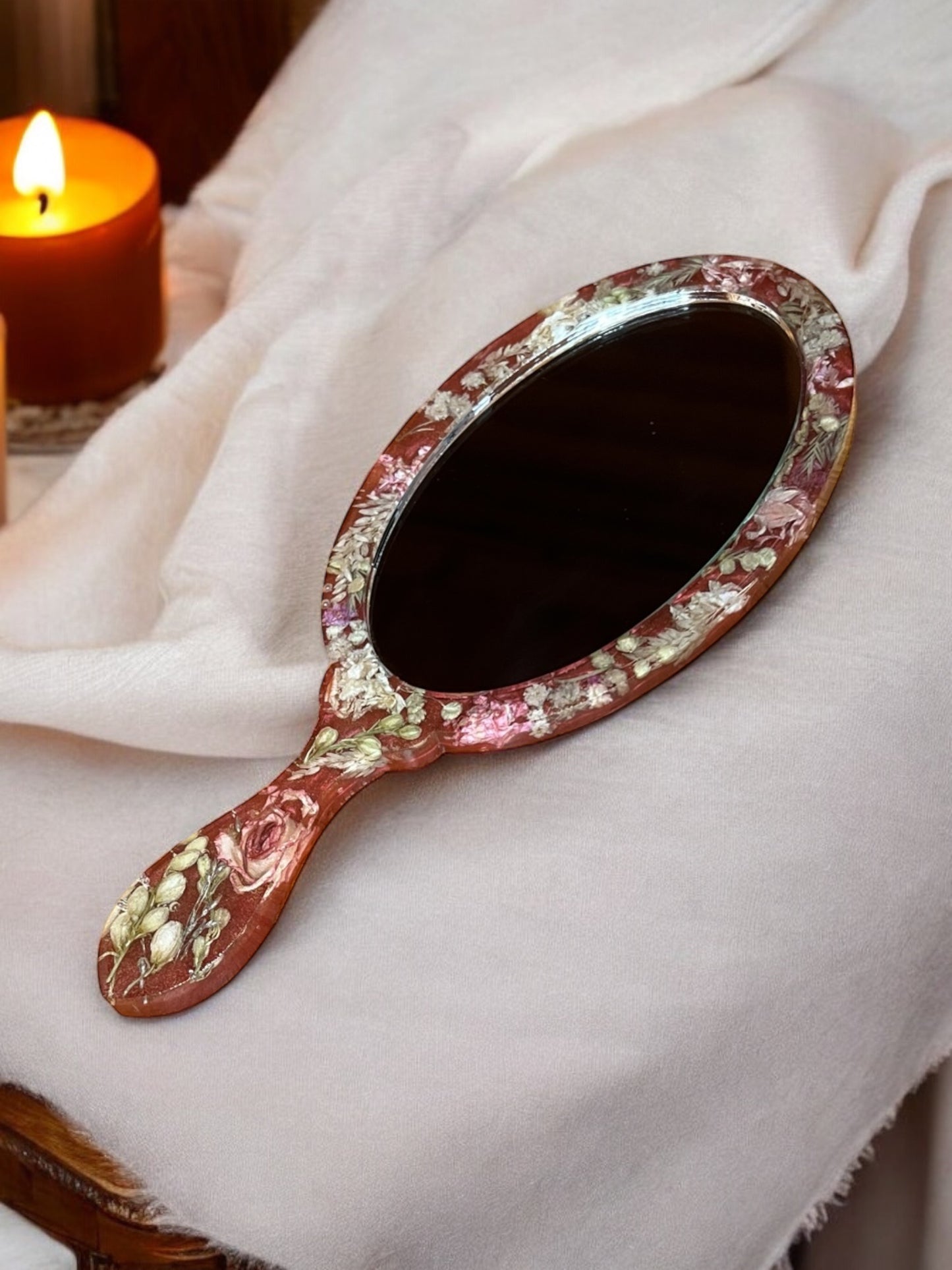 Custom burgundy brown resin hand mirror with pink dried flowers
