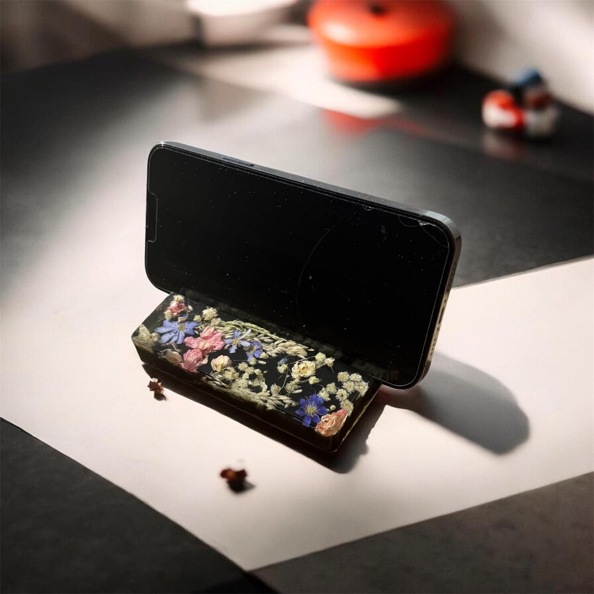 Floral phone stand with dried flowers